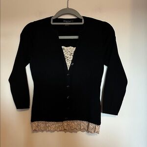 August Silk black sweater gold lace trim neck/hem fake button front size large